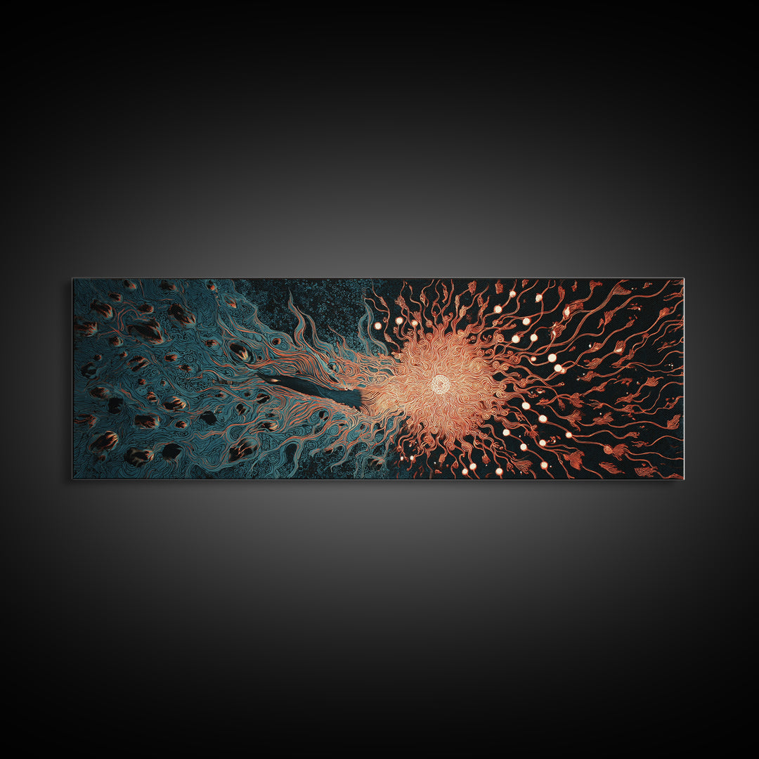 Fiery Coral Organic Bloom Wall Art, Teal Black Abstract Canvas Print, Contemporary Fluid Energy Decor, Bold Home Artwork