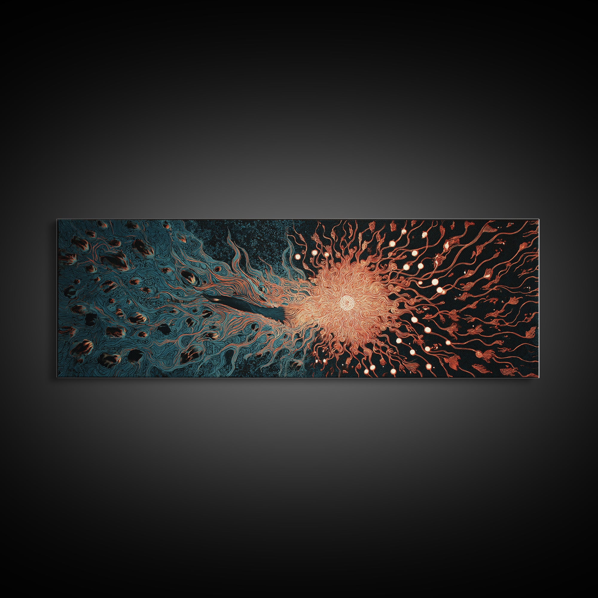 Fiery Coral Organic Bloom Wall Art, Teal Black Abstract Canvas Print, Contemporary Fluid Energy Decor, Bold Home Artwork