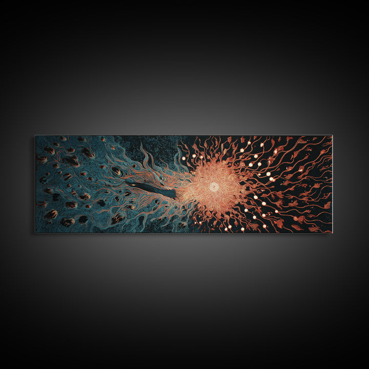 Fiery Coral Organic Bloom Wall Art, Teal Black Abstract Canvas Print, Contemporary Fluid Energy Decor, Bold Home Artwork