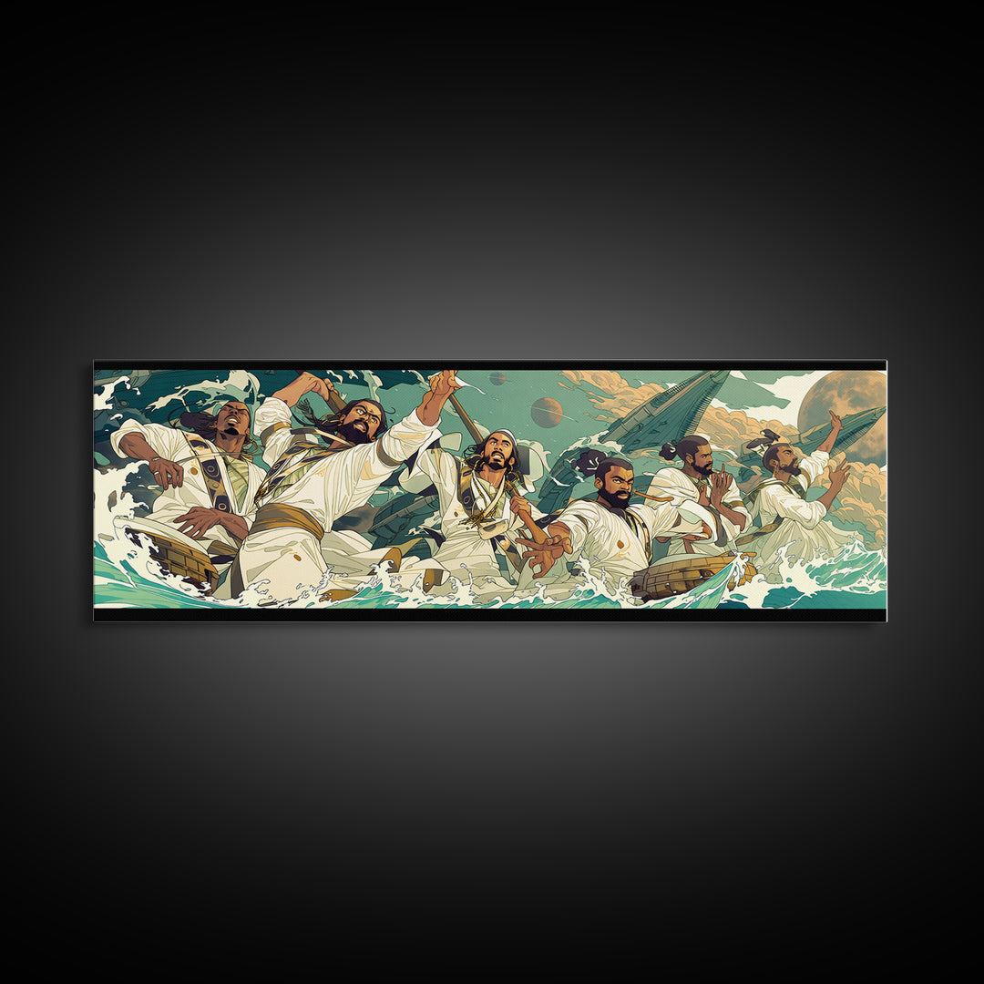 Heroic African Warriors At Sea Wall Art, Dynamic Cultural Canvas Print, Afrocentric Ocean Adventure Decor, Bold Statement Art
