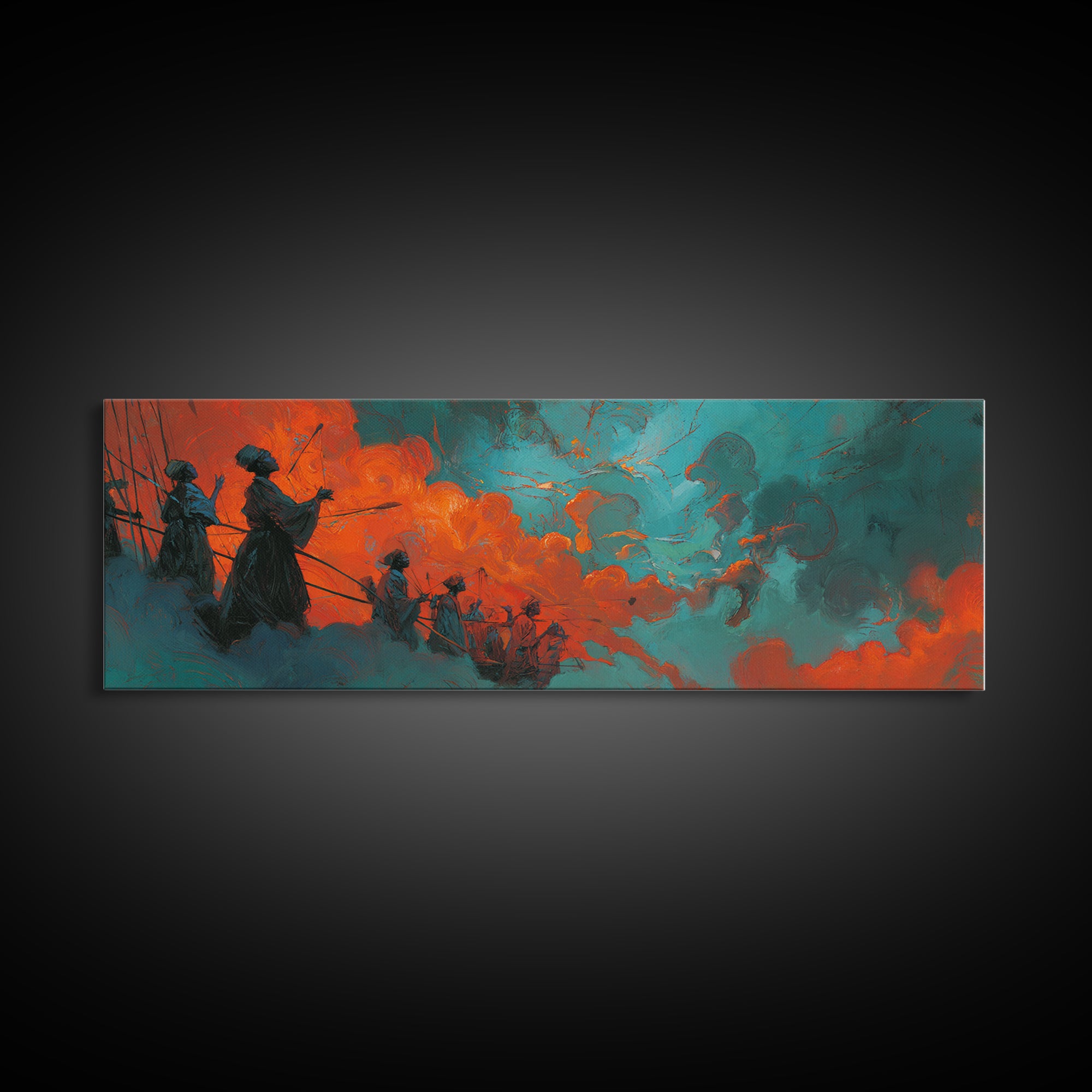 Orange Teal African Warriors In Storm Wall Art, Afrocentric Canvas Decor, Black Culture Art, Ancestral Spirit African Wall Decor