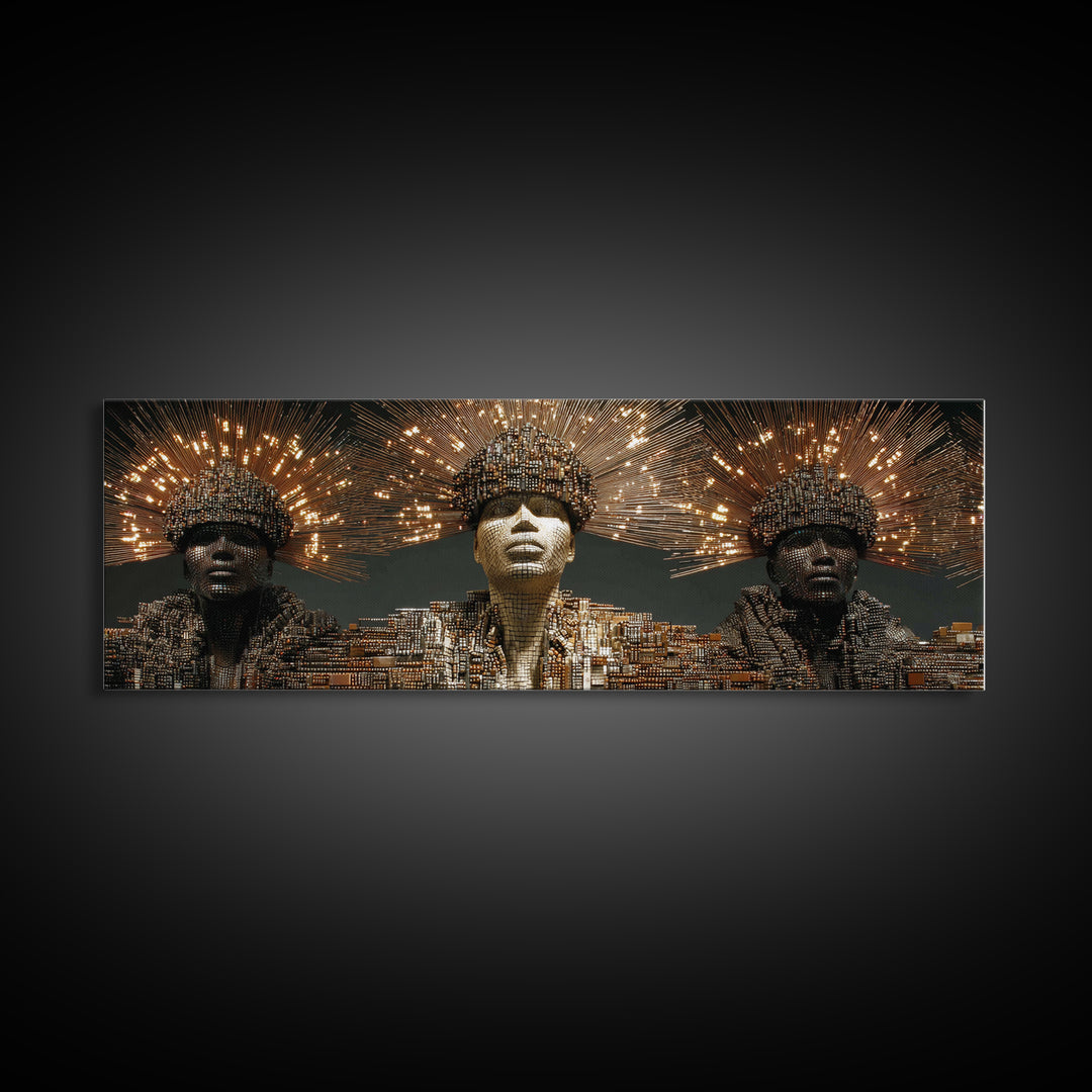 Radiant African Futurist Trio Framed Canvas Print, Black Culture Art, Afrocentric Wall Art, Gold Jewelry Canvas Decor Gift