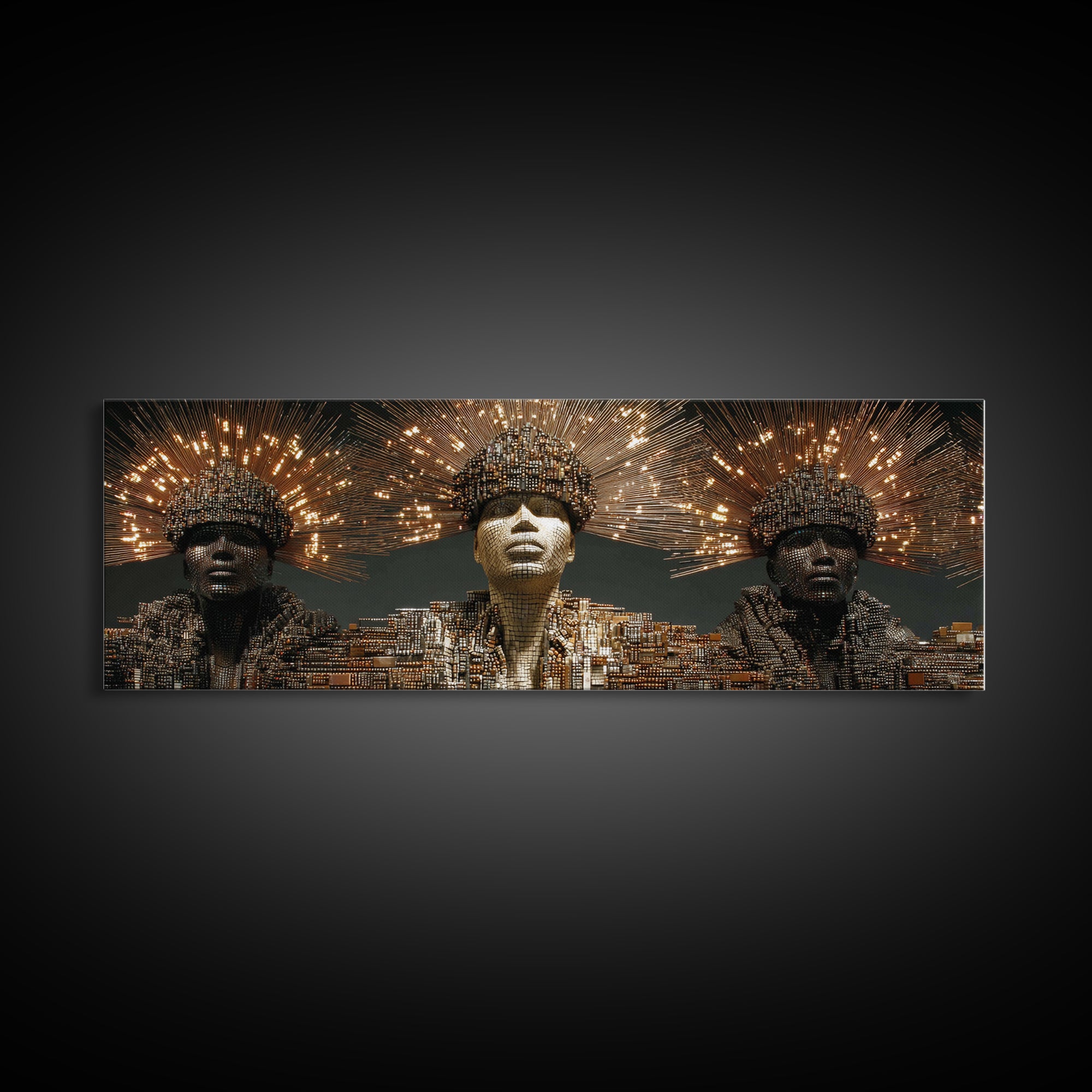 Radiant African Futurist Trio Framed Canvas Print, Black Culture Art, Afrocentric Wall Art, Gold Jewelry Canvas Decor Gift