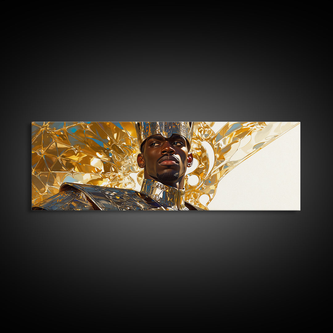 Majestic Black King In Gold Armor Framed Canvas Print, African Portrait, Black Man Wall Art, Afrocentric Decor, Royal Gift