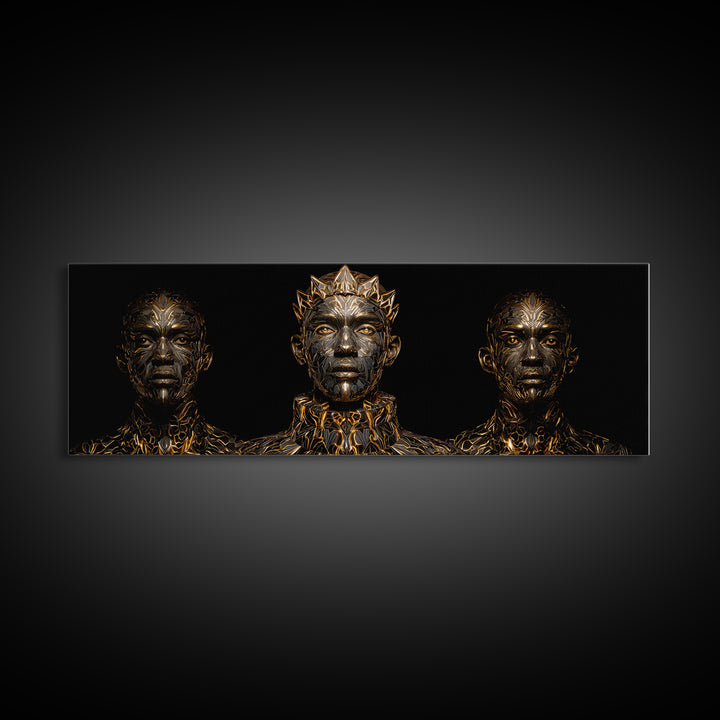 Three Crowned Black Kings In Gold Wall Art, African Warrior Art, Afrocentric Canvas Decor, Black Culture Art, Royal Portrait
