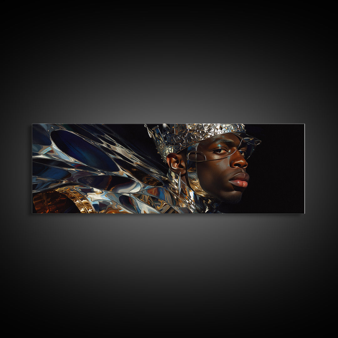 Chrome Crown Black Prince Portrait Canvas Print, Afrofuturism Decor, Black Man Wall Art, Luxury Canvas Art, Royal Statement Decor