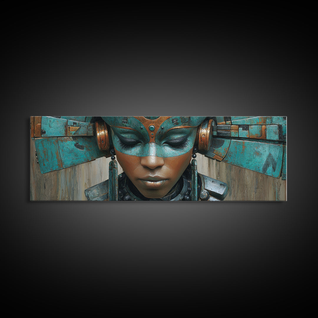 Futuristic Turquoise African Queen Mask Canvas Print, Afrofuturism Decor, Black Goddess Portrait, Modern Afro Wall Decor