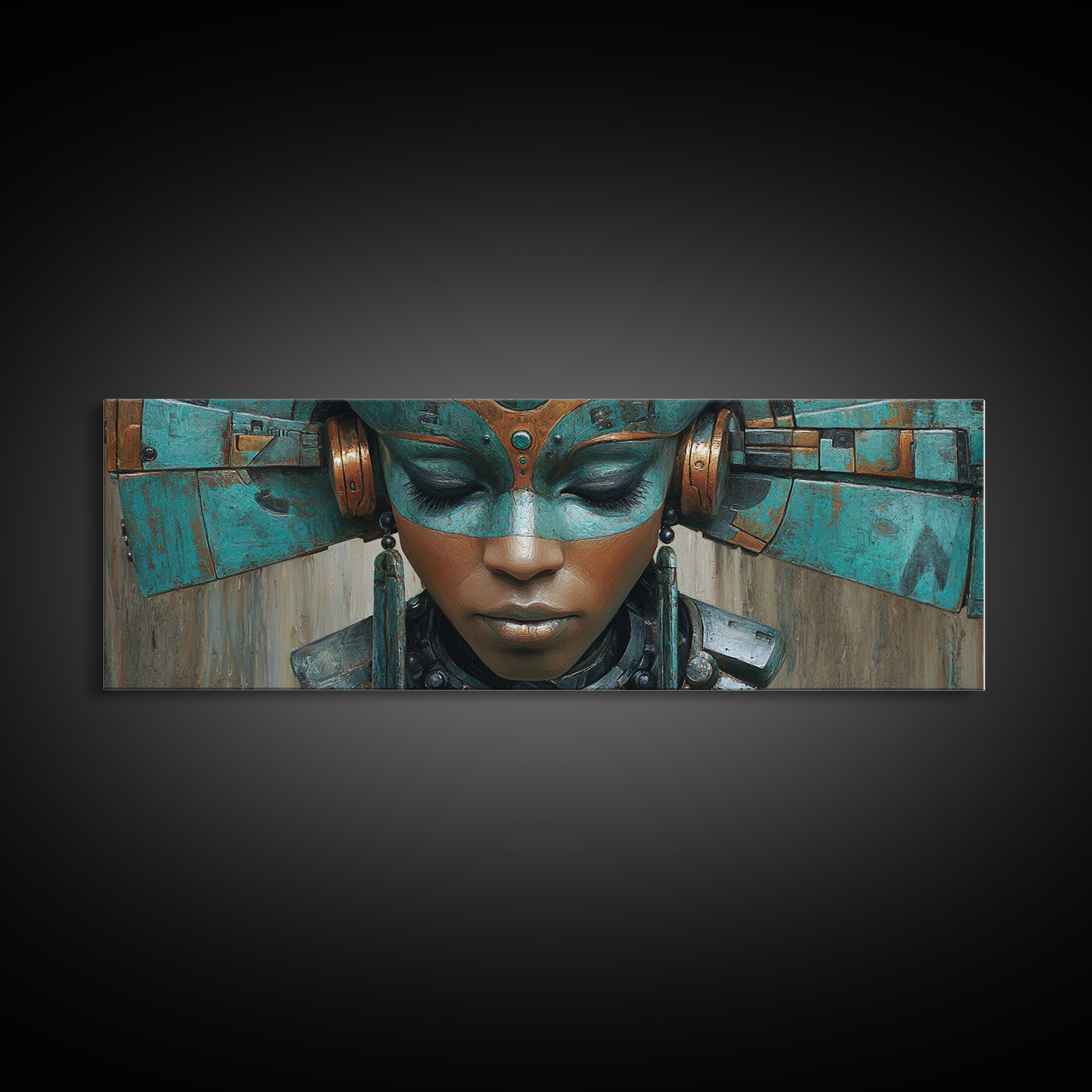 Futuristic Turquoise African Queen Mask Canvas Print, Afrofuturism Decor, Black Goddess Portrait, Modern Afro Wall Decor