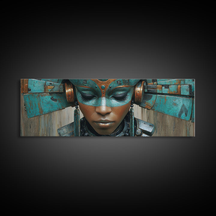 Futuristic Turquoise African Queen Mask Canvas Print, Afrofuturism Decor, Black Goddess Portrait, Modern Afro Wall Decor