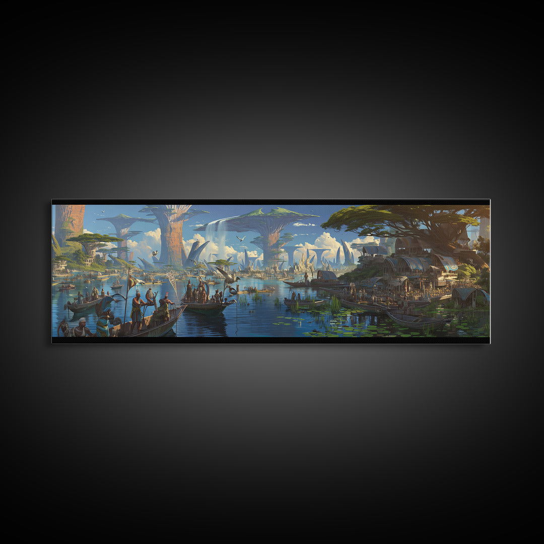 Afrofuturist African Waterfront Village Wall Art, Fantasy Baobab Landscape, Cultural Safari Decor, Unique Canvas Gift, Home Decor