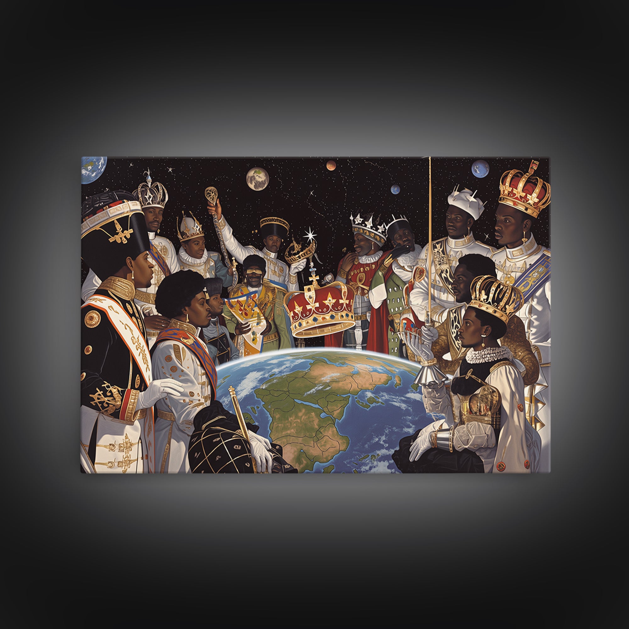 Cosmic African Royal Council Over Earth Wall Art, Afrocentric Black History Decor, African American Art, Regal Canvas Print
