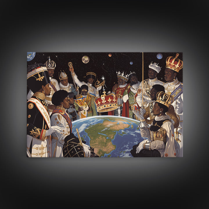 Cosmic African Royal Council Over Earth Wall Art, Afrocentric Black History Decor, African American Art, Regal Canvas Print