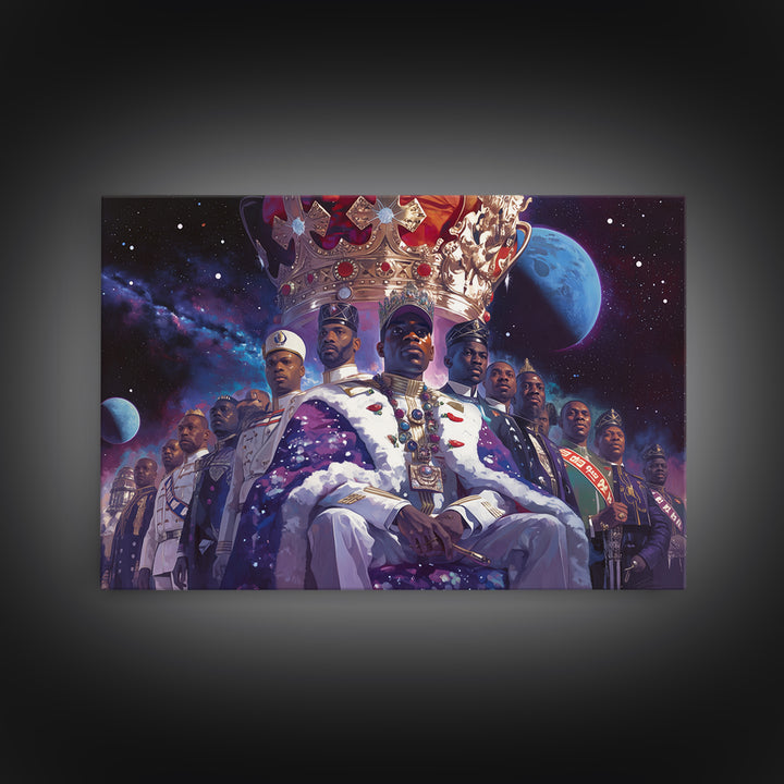 Galactic Black King And Royal Guard Framed Canvas Print, African American Art, Afrocentric Wall Decor, Black Man Portrait