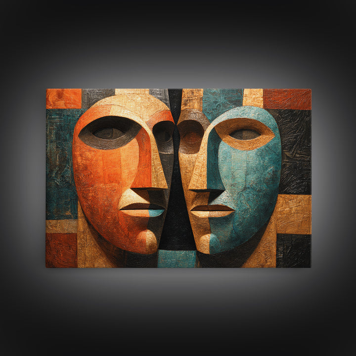 Cubist African Mask Faces Canvas Print, Abstract African Art, Tribal Wall Decor, Geometric Portrait, Bold Home Decor Gift