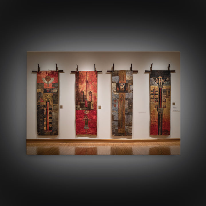 Earth Tone Textile Banners In Gallery, African Wall Art, Cultural Home Decor, Textile Art, Modern Framed Canvas Print, Museum Decor