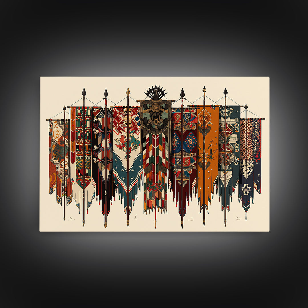 Patterned Tribal War Banners With Spears, African Wall Art, Ankara Decor, Cultural Art Print, Bold Framed Canvas Print, Ethnic Wall Decor