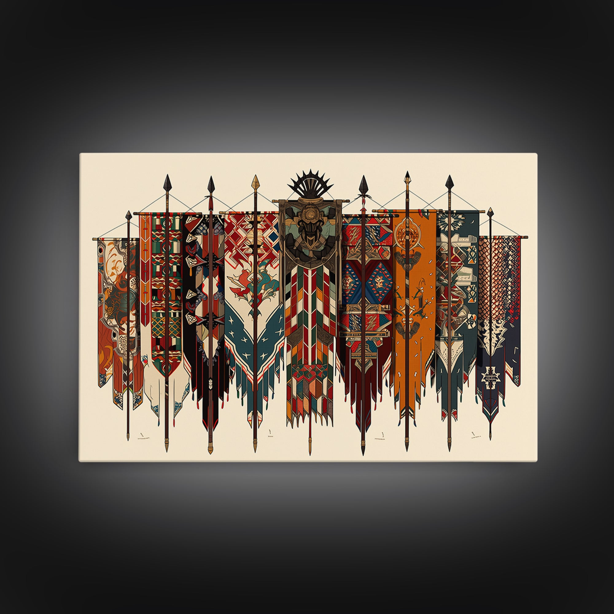 Patterned Tribal War Banners With Spears, African Wall Art, Ankara Decor, Cultural Art Print, Bold Framed Canvas Print, Ethnic Wall Decor