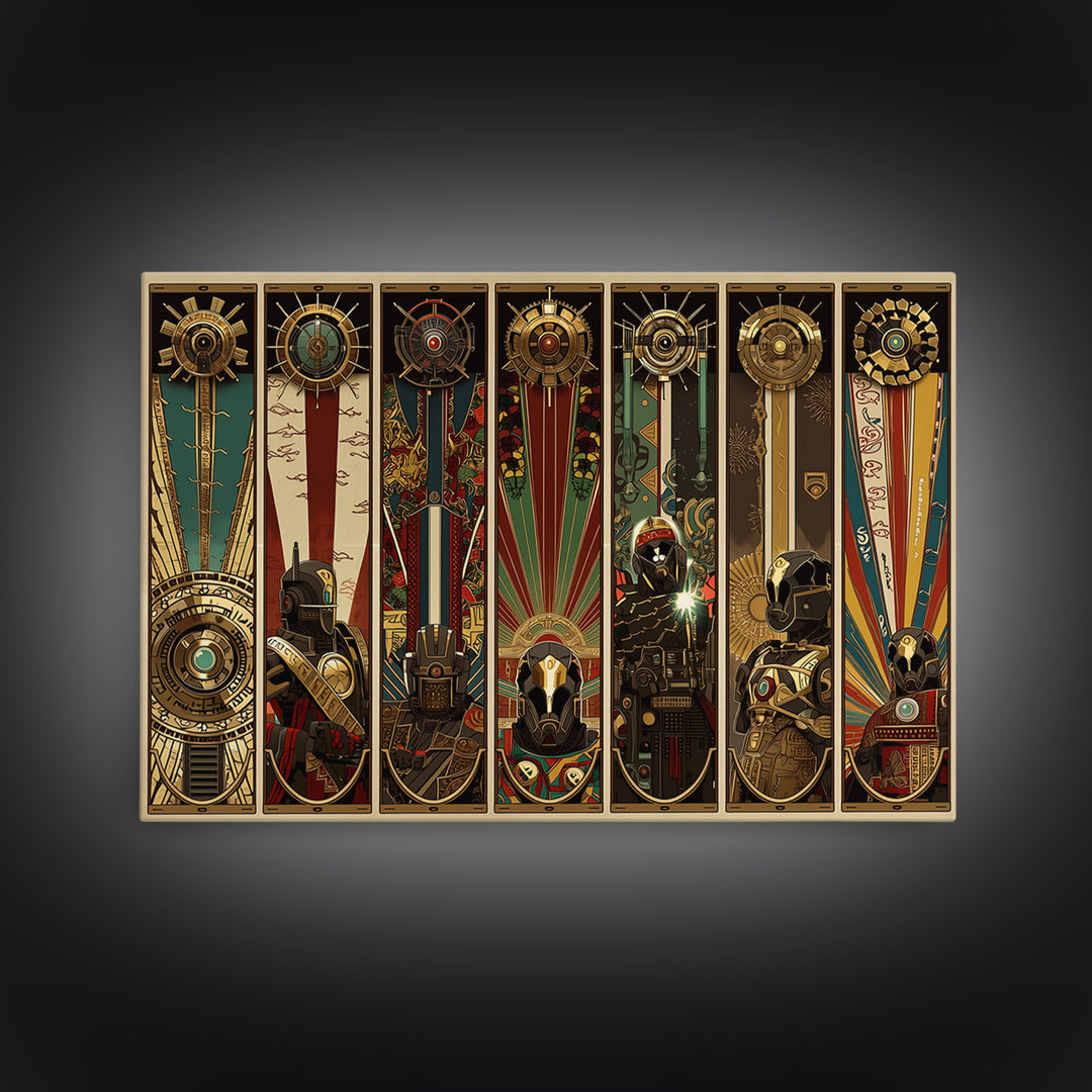 Futuristic Tribal Totem Panels And Helmets, African Wall Art, Afrofuturism Decor, Geometric Art, Framed Canvas Print, Bold Home Decor
