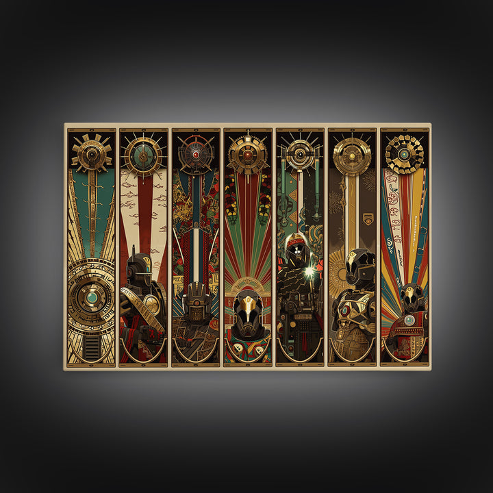 Futuristic Tribal Totem Panels And Helmets, African Wall Art, Afrofuturism Decor, Geometric Art, Framed Canvas Print, Bold Home Decor