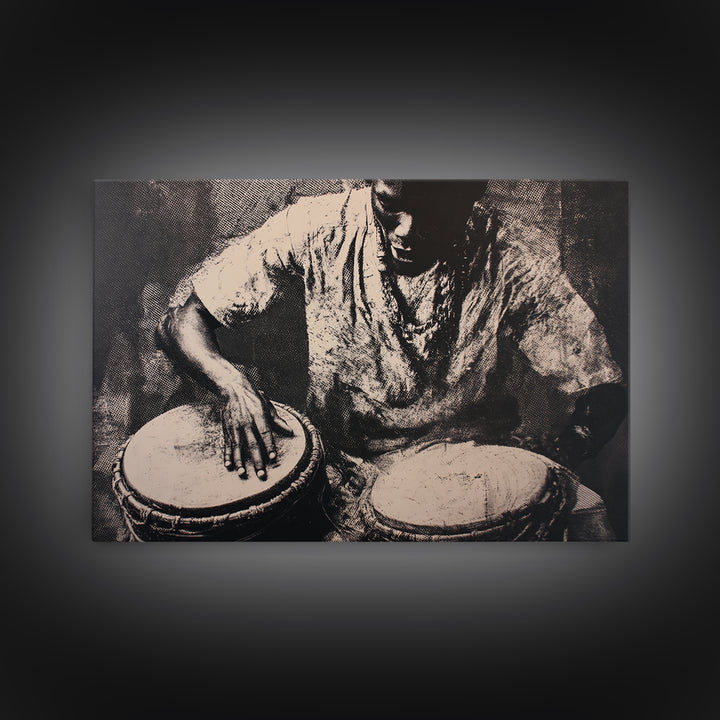 Monochrome African Drummer Portrait, African Wall Art, Black Culture Art, Tribal Decor, Black Art Print, Framed Canvas Print
