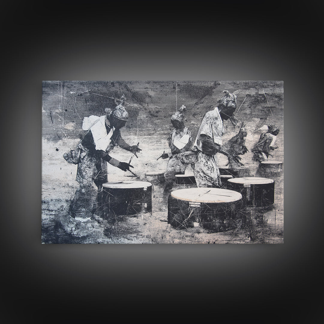 African Drummers In Monochrome Wall Art, Tribal Music Canvas, Afrocentric Decor, Black Culture Art, Living Room Wall Decor