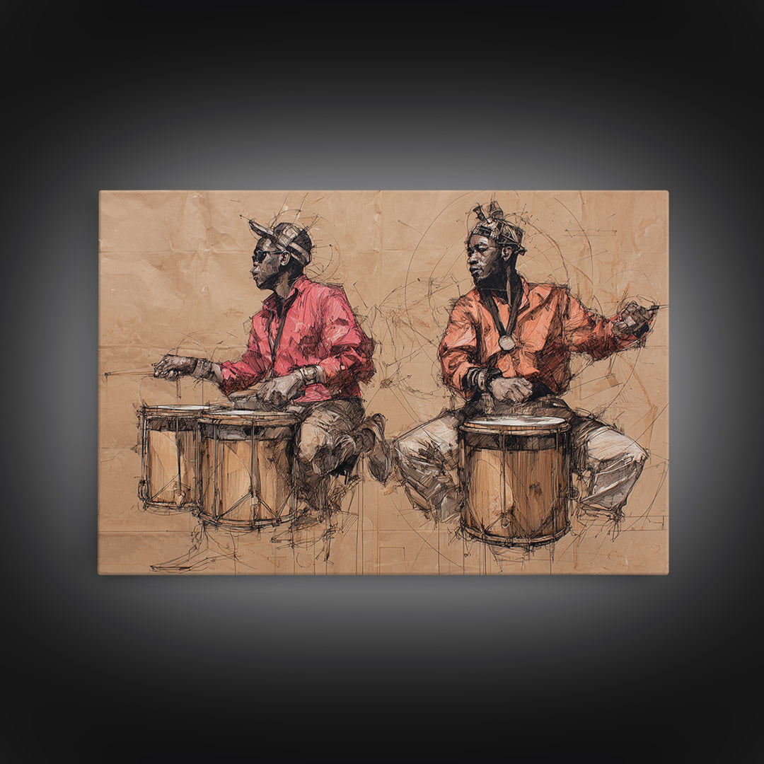 Two African Drummers Sketch Framed Canvas Print, Tribal Art Print, African Culture Art, Music Room Decor, Afrocentric Artwork