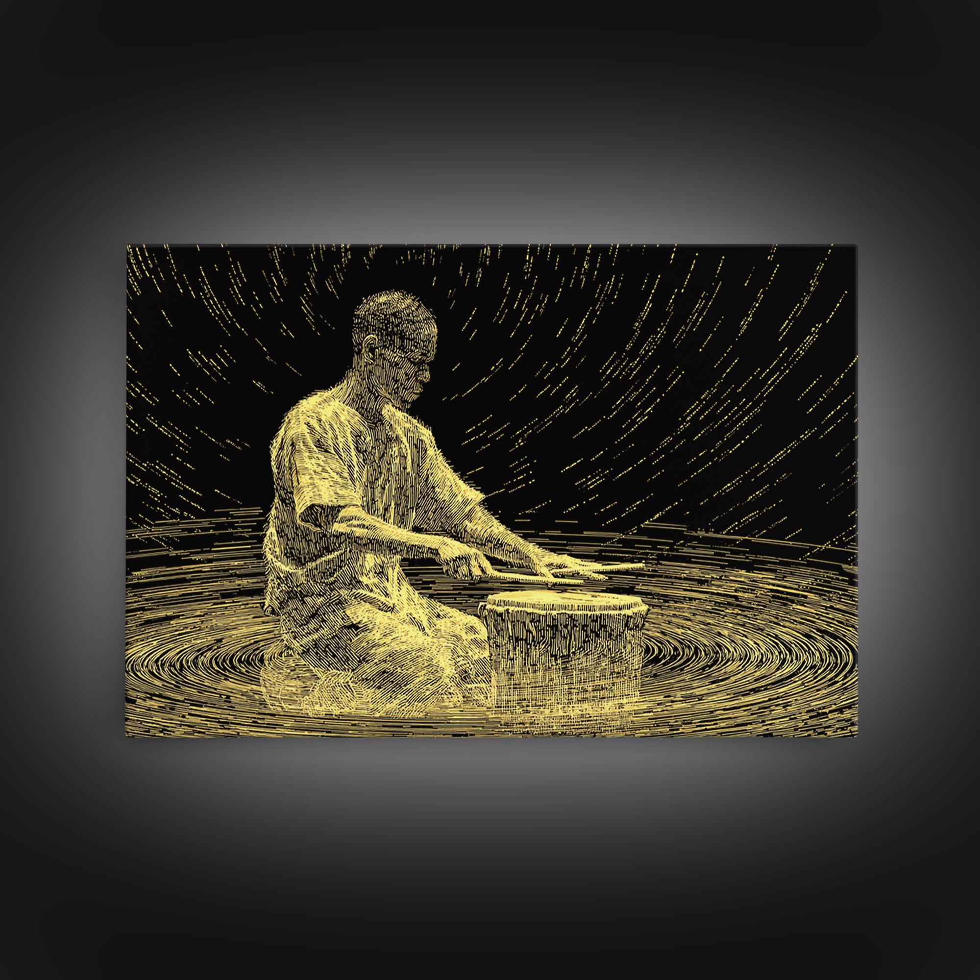 Golden African Drummer Line Art Wall Art, Black And Gold Art, Spiritual Music Decor, Afrocentric Wall Art, Unique Canvas