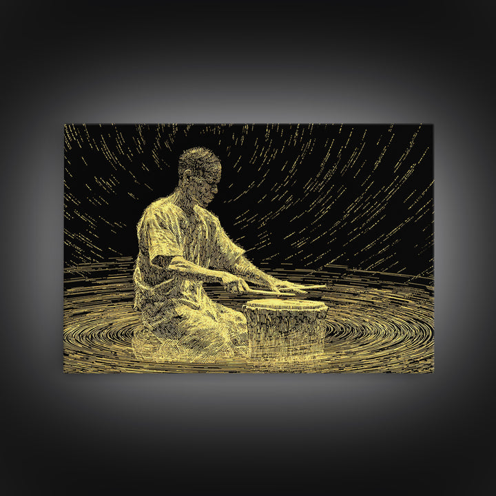Golden African Drummer Line Art Wall Art, Black And Gold Art, Spiritual Music Decor, Afrocentric Wall Art, Unique Canvas