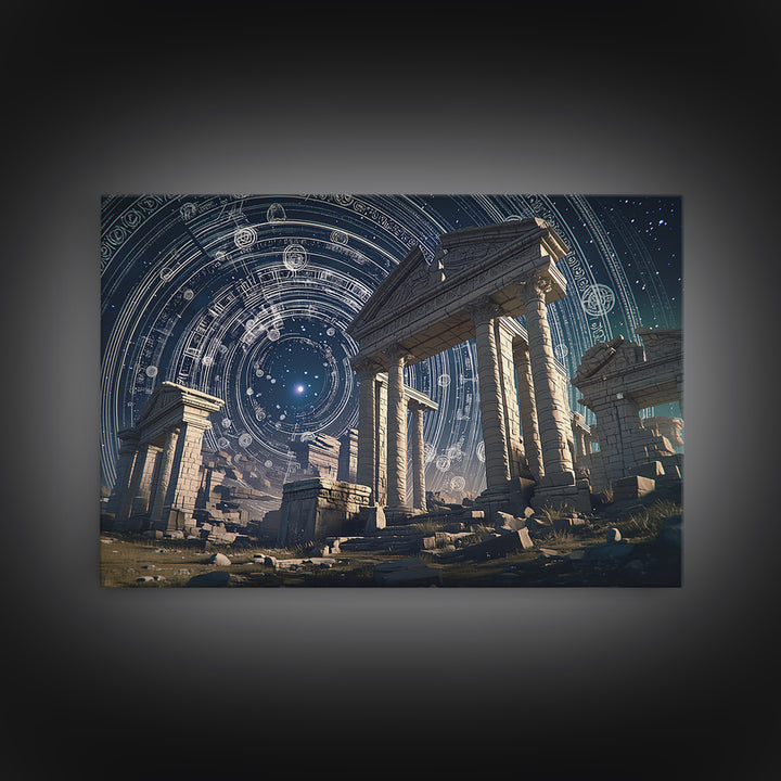 Starlit Ancient Temple Ruins Framed Canvas Print, Mystical Wall Art, Spiritual Wall Decor, Astrology Inspired Home Decor