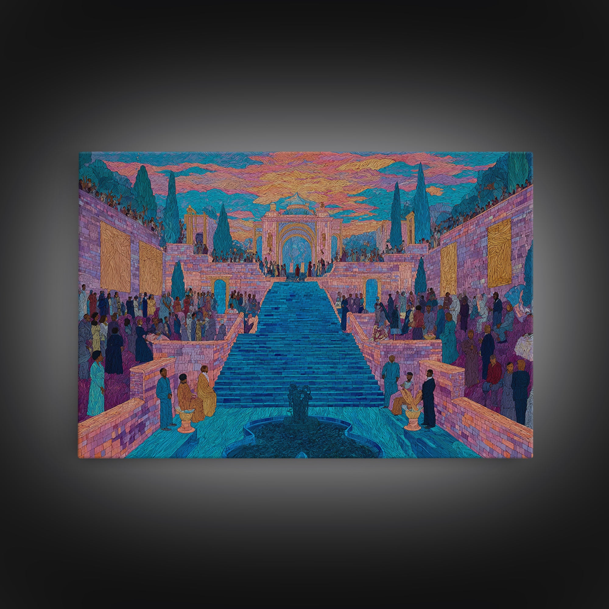 Vibrant Palace Stairway Celebration Framed Canvas Print, Colorful Wall Art, Cultural Travel Decor, Luxury Statement Gift