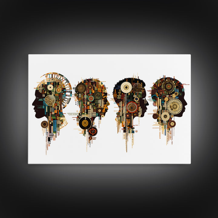 Four Afrofuturist Profile Heads Wall Art, Geometric Portrait Canvas, Black Culture Decor, Modern Abstract Office Gift For Home