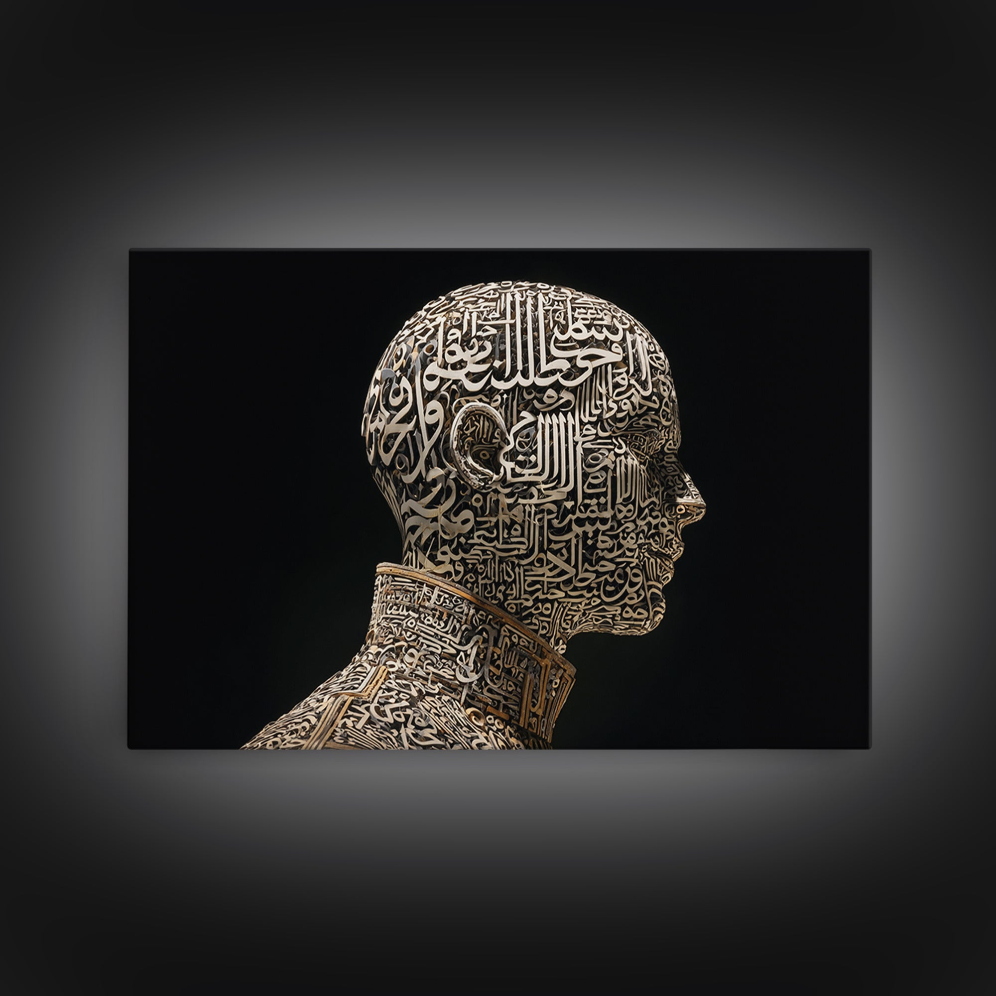 Arabic Calligraphy Human Head Canvas Print, Black Gold Spiritual Portrait Wall Art, Islamic Inspired Modern Home Decor Gift