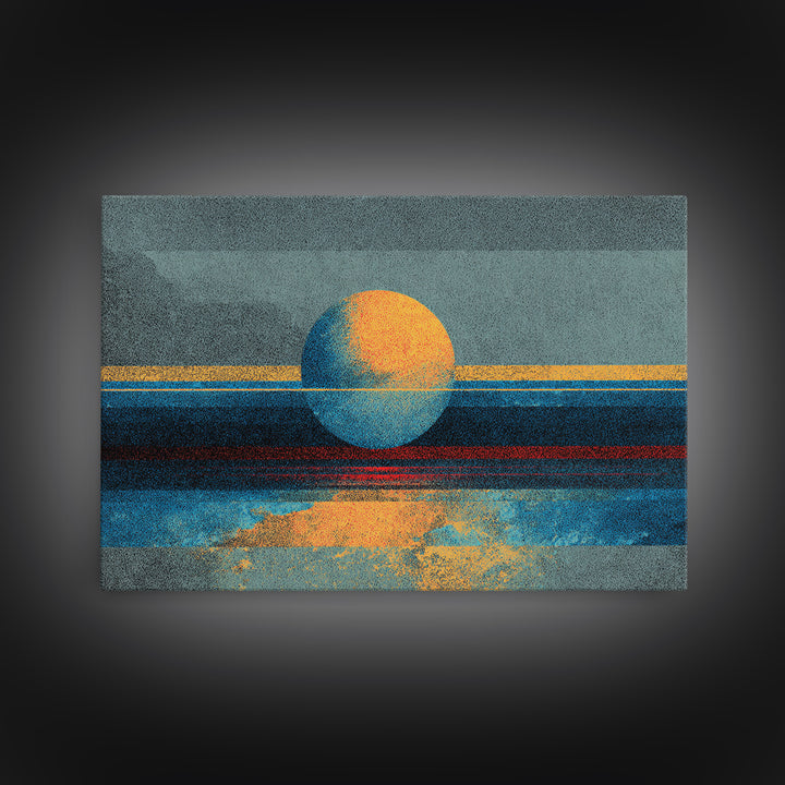 Textured Abstract Sun Over Ocean Wall Art, Minimalist Seascape Canvas Print, Blue Orange Modern Decor, Dreamy Home Gift For Bedroom