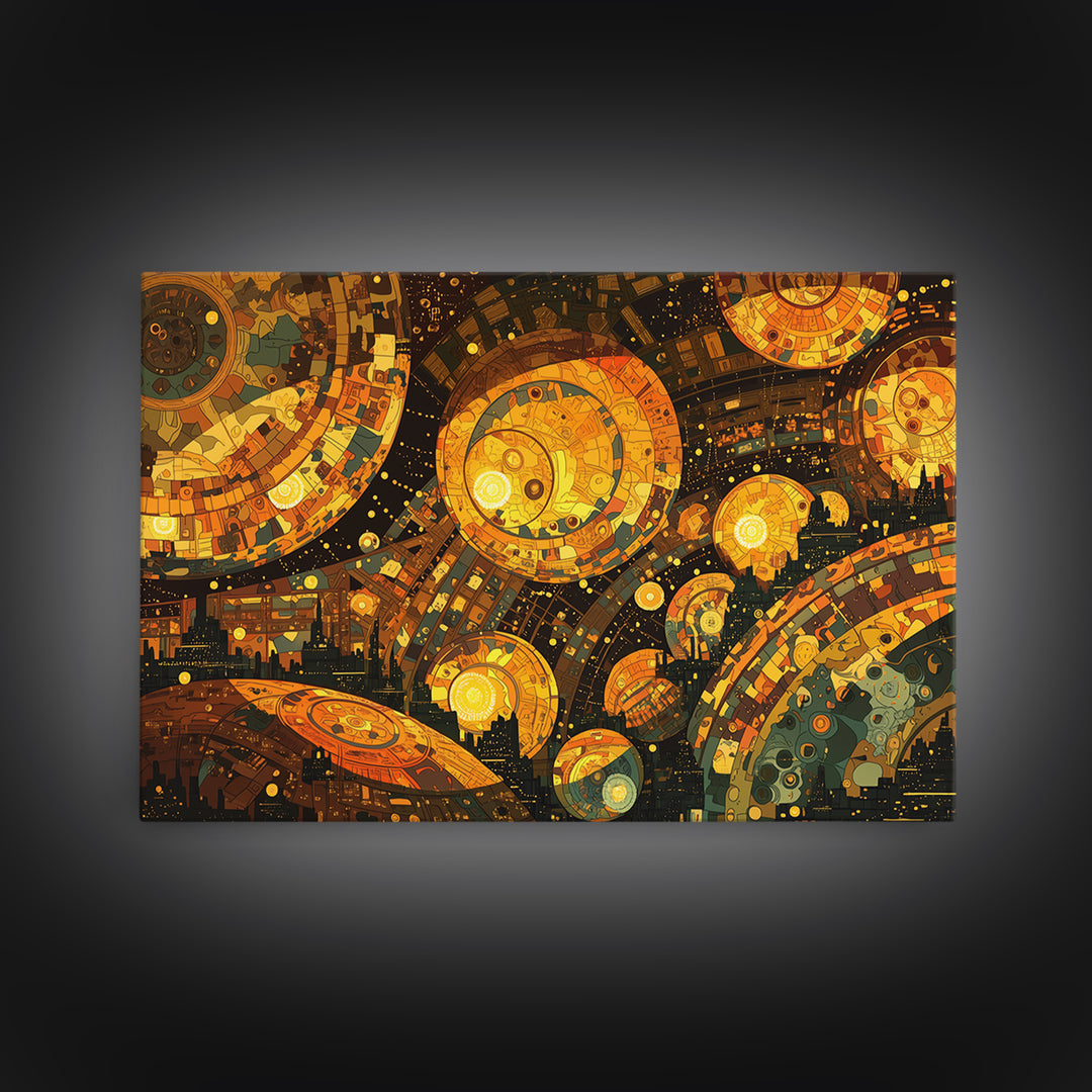 Golden Cosmic Mechanical Orbs Canvas Print, Futuristic Abstract Wall Art, Orange Space Decor, Unique Modern Statement Gift