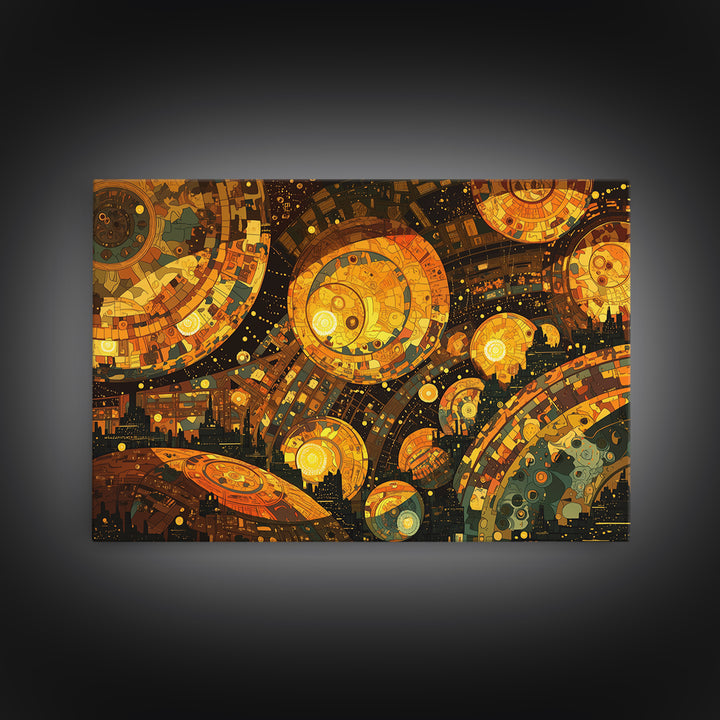 Golden Cosmic Mechanical Orbs Canvas Print, Futuristic Abstract Wall Art, Orange Space Decor, Unique Modern Statement Gift