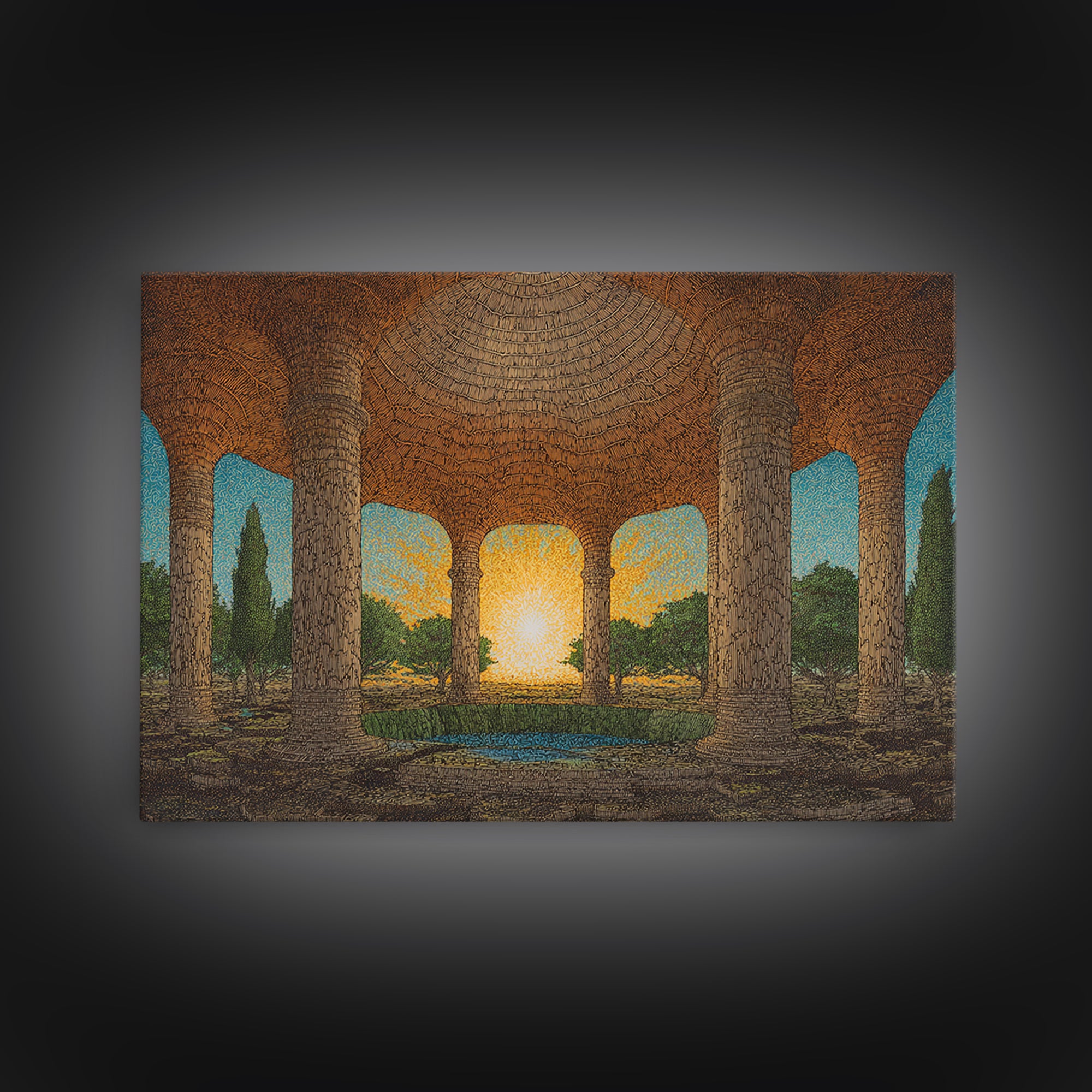 Ancient Stone Colonnade Garden Wall Art, Sunset Rotunda Landscape Canvas Print, Earth Tone Cultural Home Decor Gift For Living Room