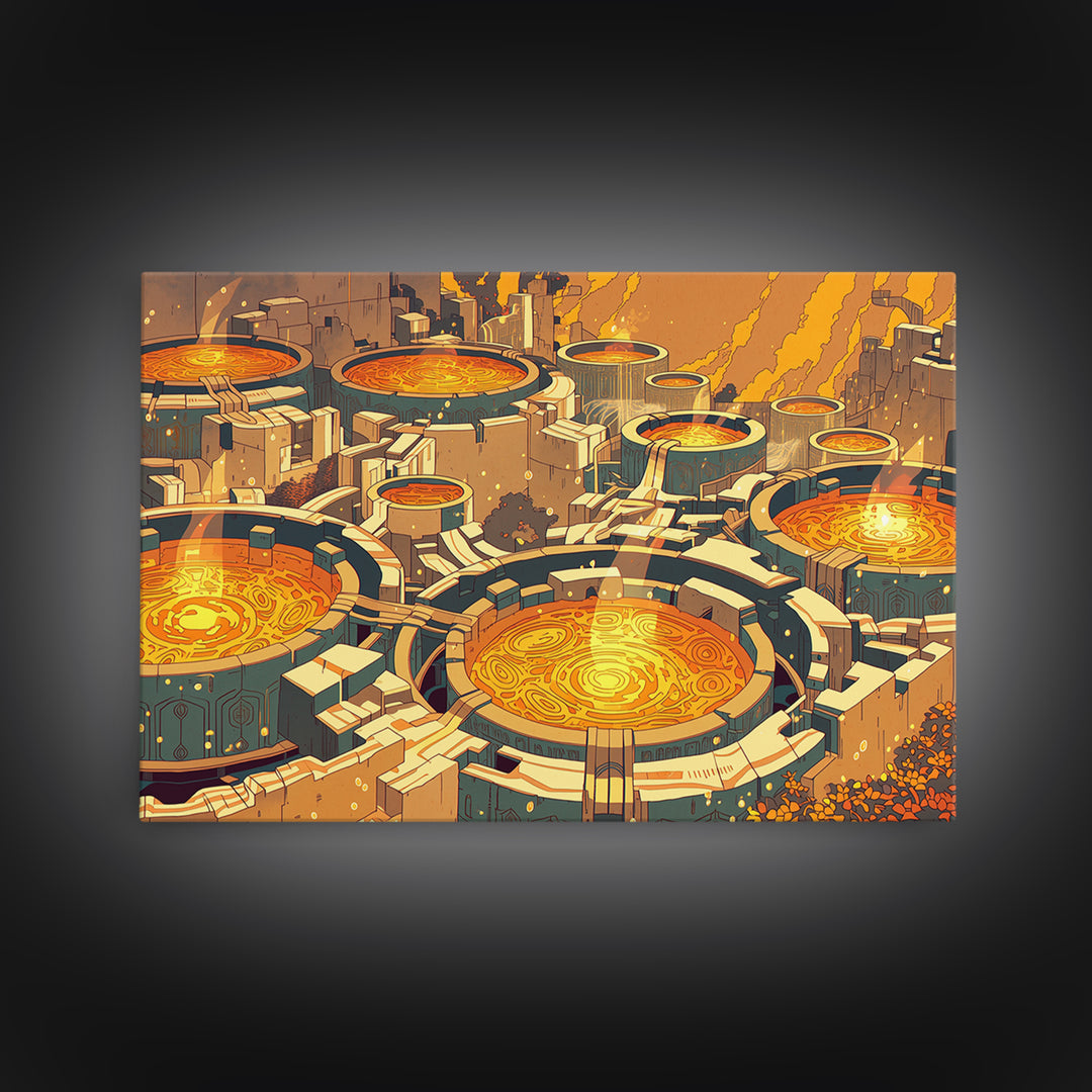 Futuristic Golden Circular City Canvas Print, Sci Fi Abstract Wall Art, Orange Urban Decor, Modern Statement Piece For Home Office