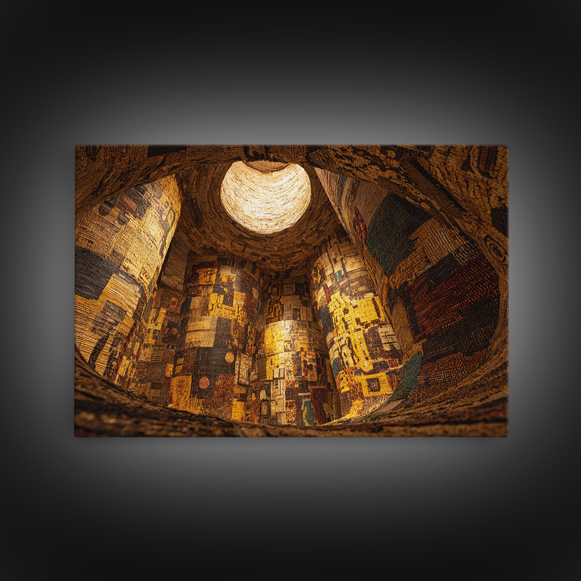 Cavernous Golden Patterned Tower Wall Art, Mystical Architecture Canvas Print, Warm Abstract Cultural Home Decor Gift For Gallery