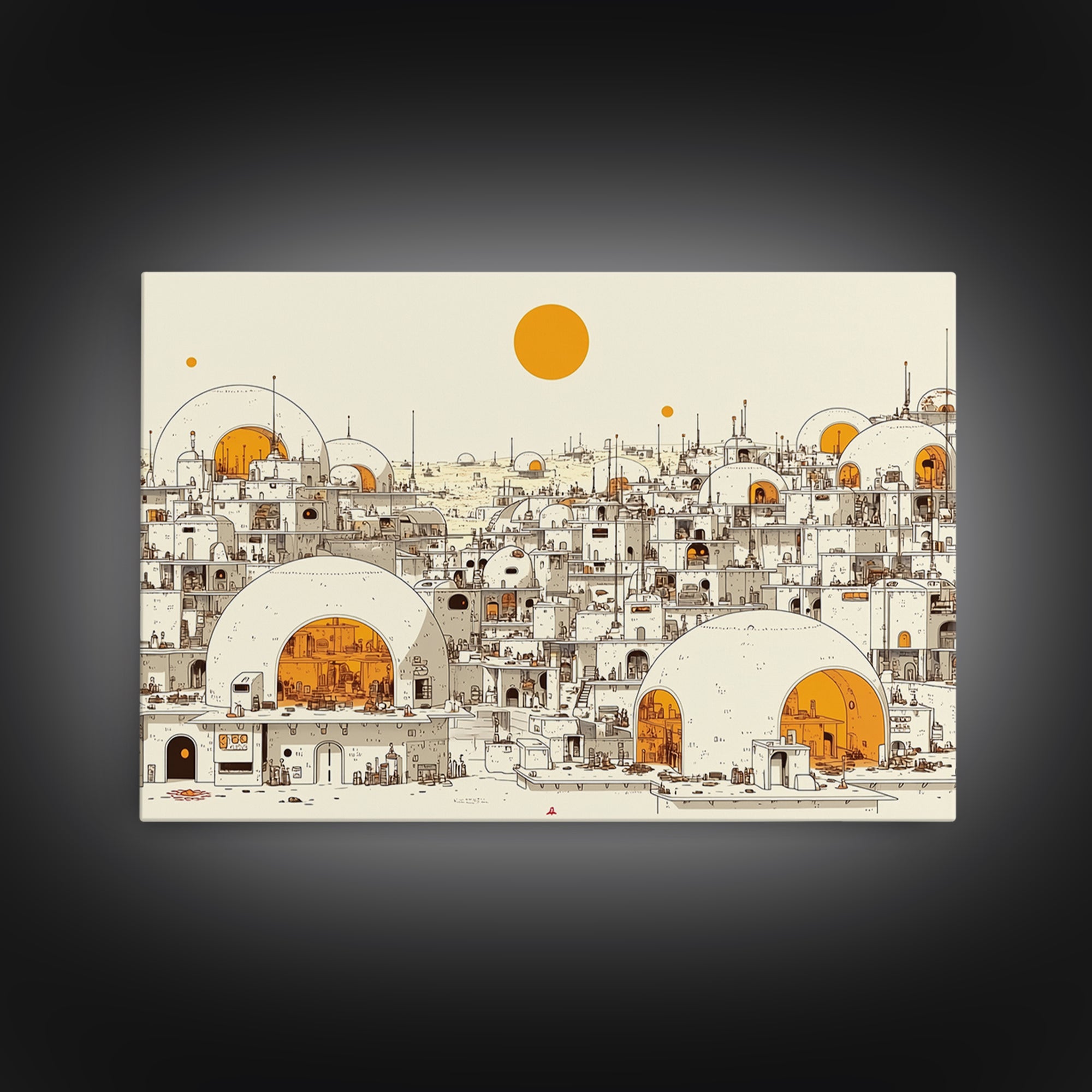 White Desert Dome City With Orange Sun Wall Art, African Landscape Print, Modern North African Decor, Boho Living Room Art