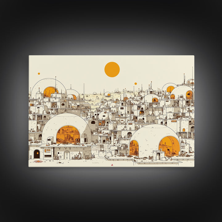 White Desert Dome City With Orange Sun Wall Art, African Landscape Print, Modern North African Decor, Boho Living Room Art