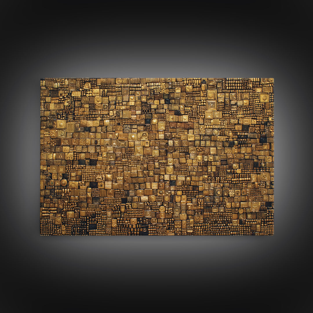 Gold And Black Geometric Mosaic Textile Wall Art, African Abstract Art, Kuba Cloth Decor, Luxury Modern Living Room Wall Decor