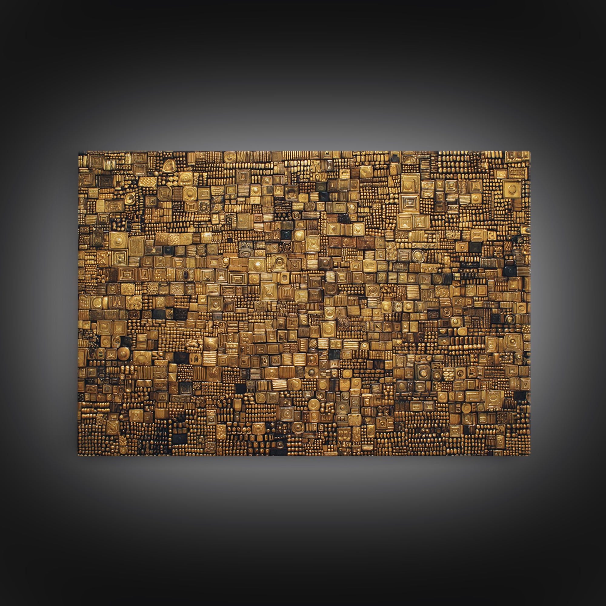 Gold And Black Geometric Mosaic Textile Wall Art, African Abstract Art, Kuba Cloth Decor, Luxury Modern Living Room Wall Decor
