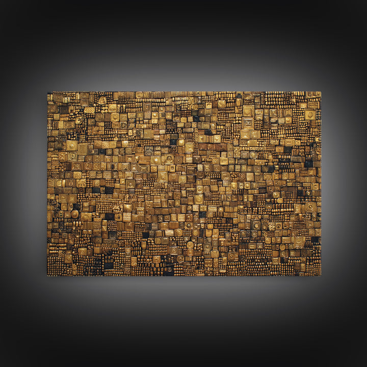 Gold And Black Geometric Mosaic Textile Wall Art, African Abstract Art, Kuba Cloth Decor, Luxury Modern Living Room Wall Decor