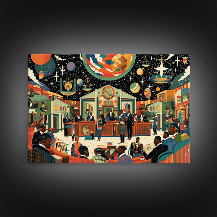 Afrofuturist Community Court Under Cosmic Sky Wall Art, Black Culture Art, African American Art, Juneteenth Home Decor Gift