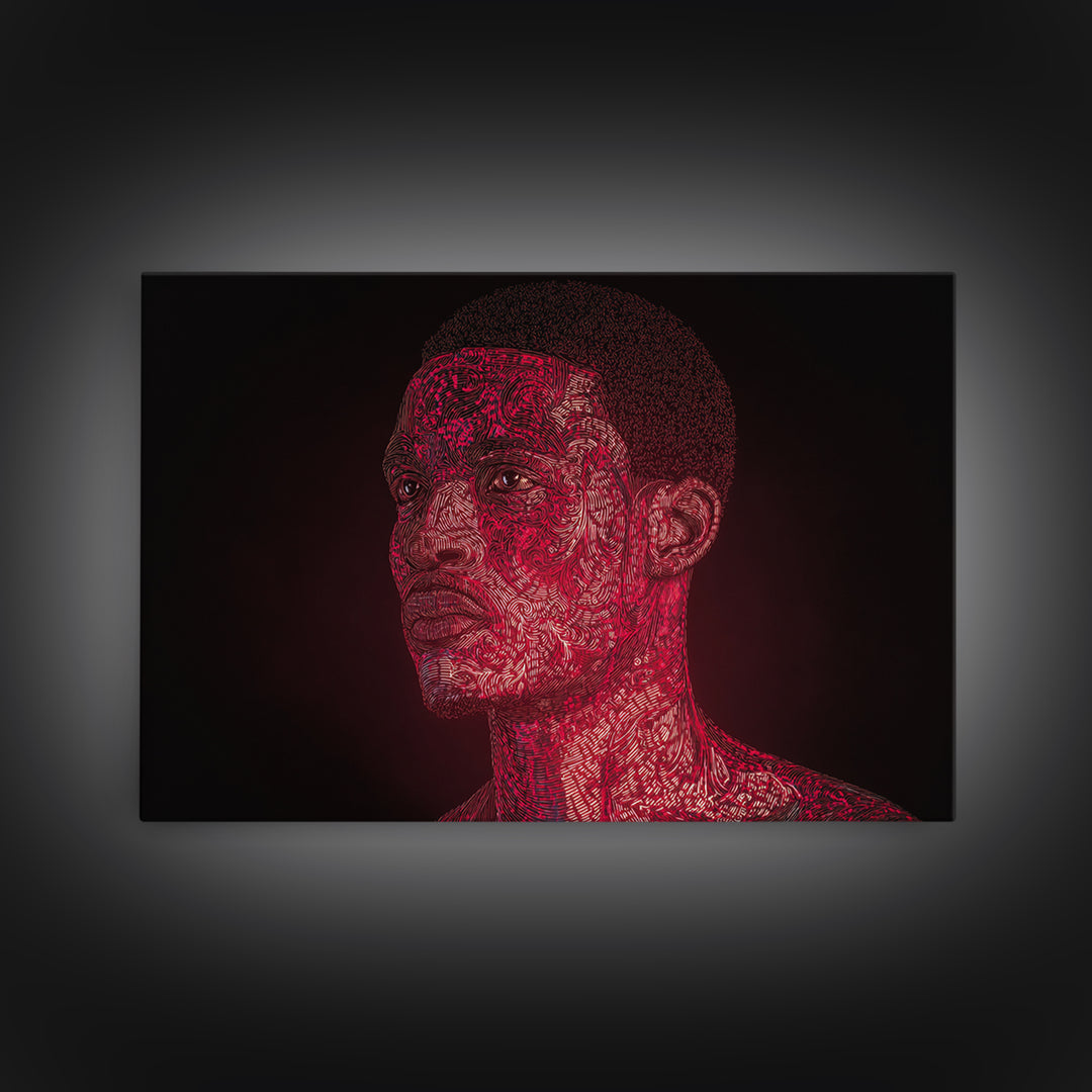 Red Patterned Black Man Portrait Framed Canvas Print, Abstract Black Art, Afrocentric Artwork, Modern Ethnic Wall Decor Gift
