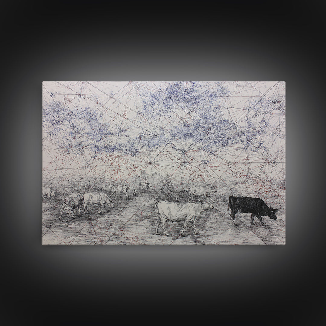 Pastoral Cattle Under Abstract Network Sky Wall Art, African Landscape, Farm Animal Art, Minimalist Office Decor Gift For Him