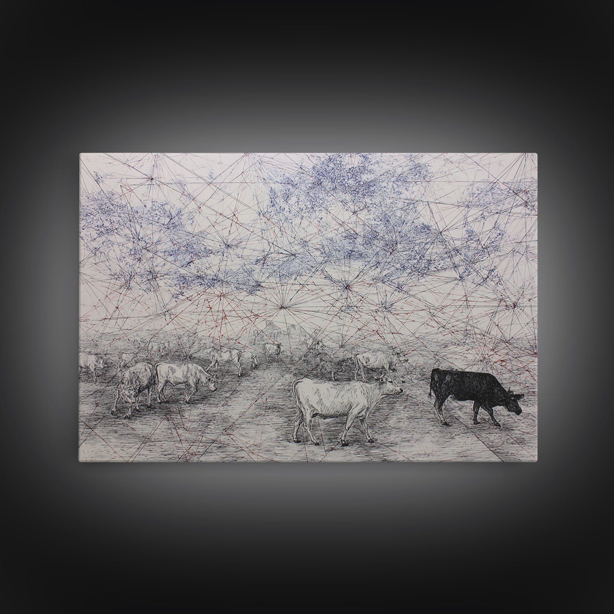 Pastoral Cattle Under Abstract Network Sky Wall Art, African Landscape, Farm Animal Art, Minimalist Office Decor Gift For Him