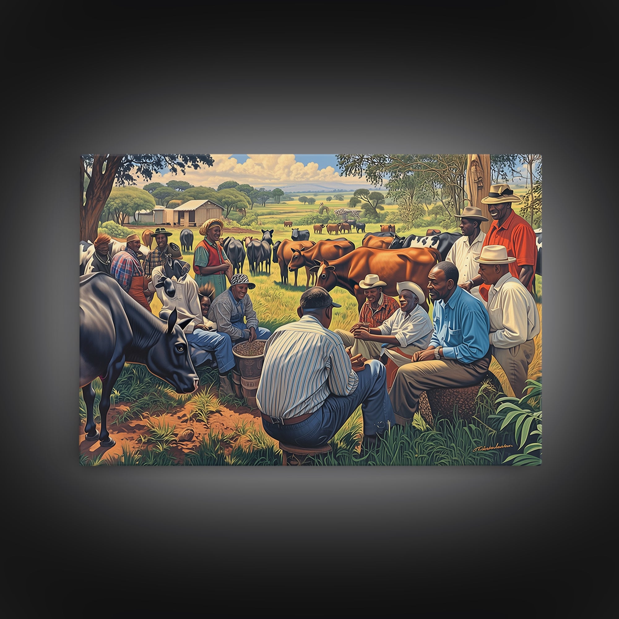 Rural African Cattle Market Gathering Wall Art, African Culture Art, Black People Art, Farm Landscape Home Decor Gift For Him