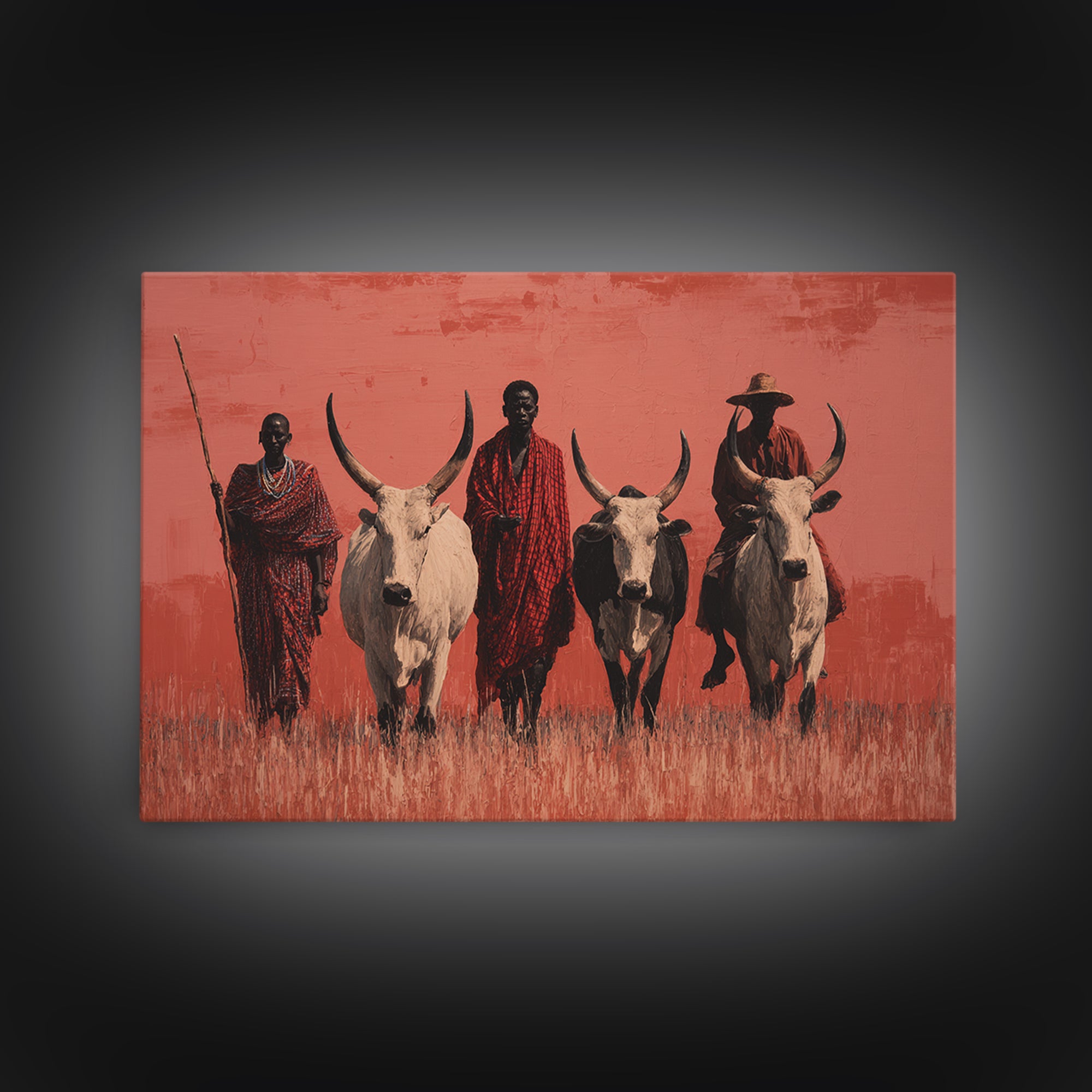 Maasai Warriors With White Cattle Framed Canvas Print, African Safari Art, Tribal Art Decor, Cultural Wall Art, Statement Decor