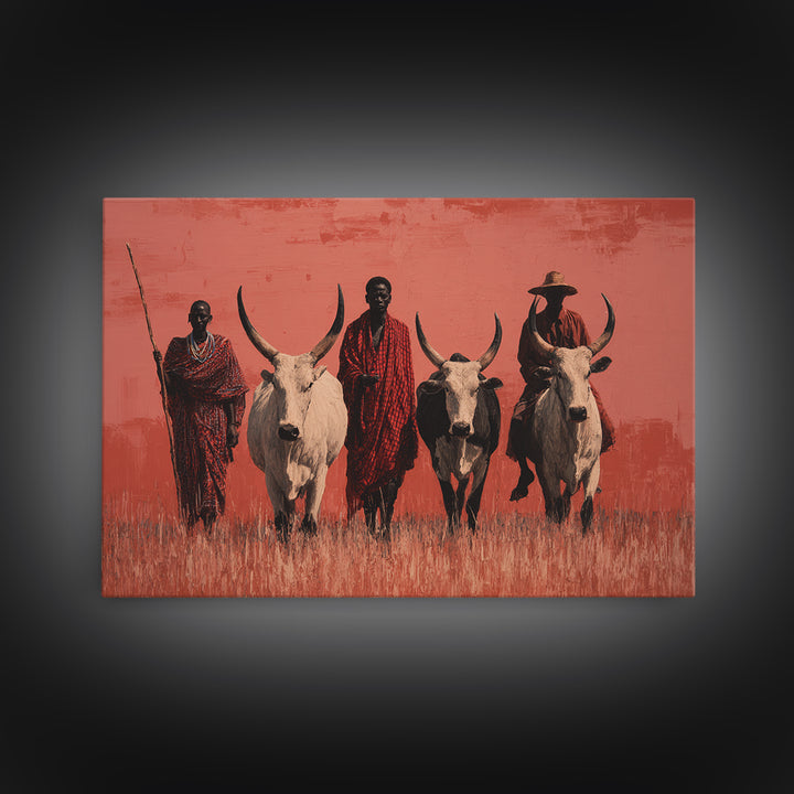 Maasai Warriors With White Cattle Framed Canvas Print, African Safari Art, Tribal Art Decor, Cultural Wall Art, Statement Decor